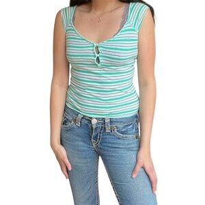 Vintage Hollister Green and white striped baby tee size s